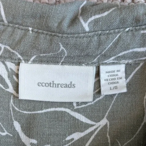 ecothreads Womens Sleeveless Button Up Shirt Green Floral Linen Blend Size L - Picture 5 of 16